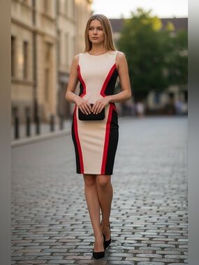Bisou Bisou White, Black & Red Colorblock Midi Dress